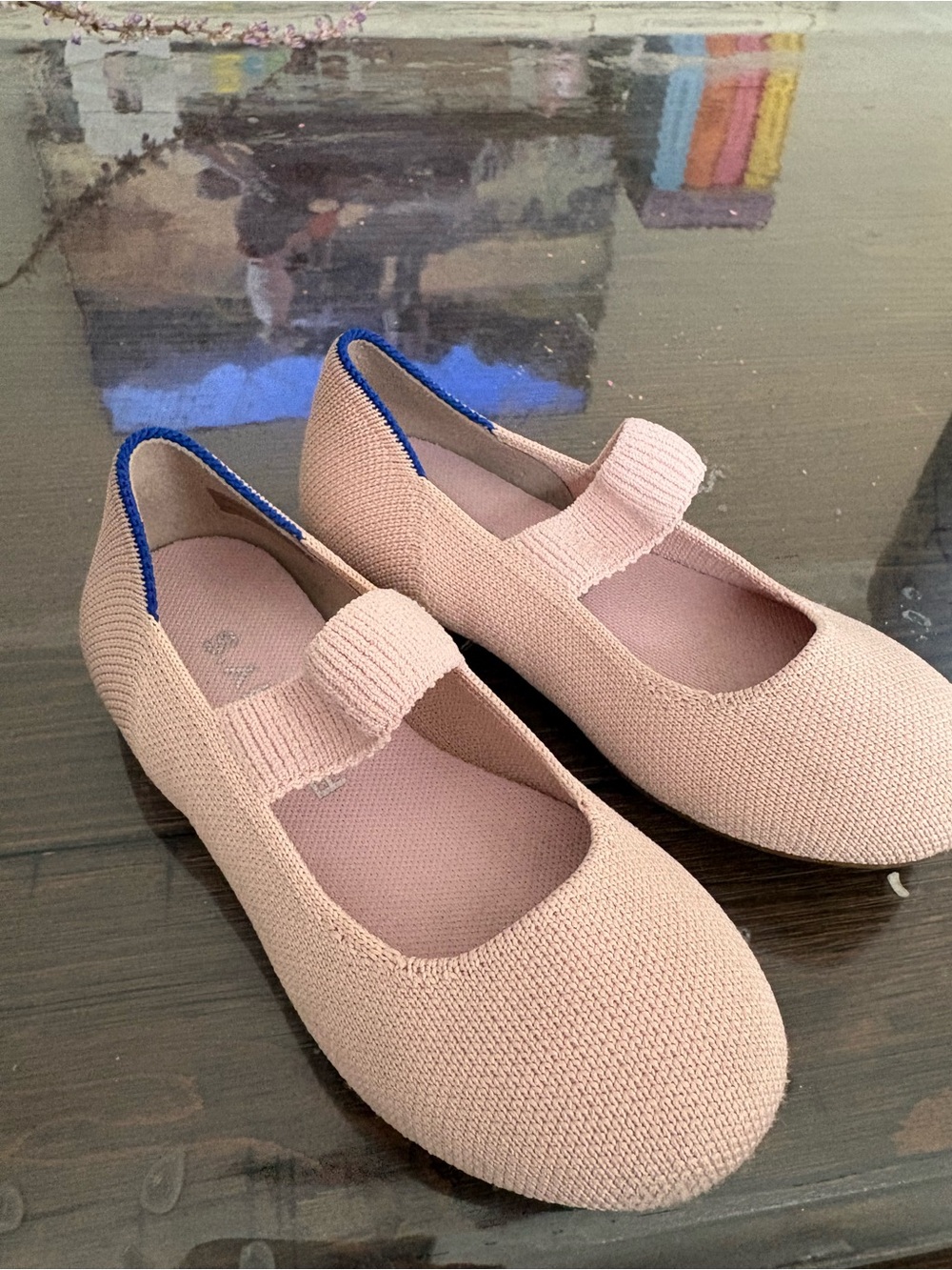 Rothy's Kids Pink Mary Jane Flats with Blue Trim